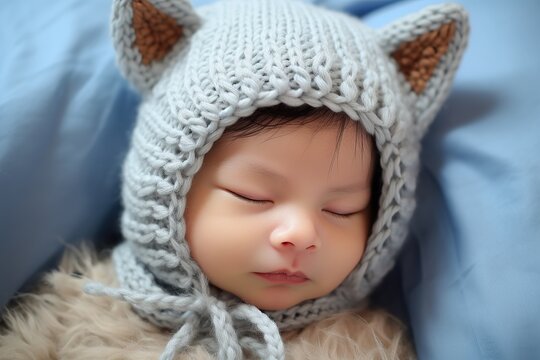 Hi, make a picture of a newborn baby with a blue knitted hat with small cat ears that are trending in 2023 --ar 3:2 --style raw --stylize 250 --v 5.2 Job ID: fe7554d7-98ac-4093-82f8-018811580e80