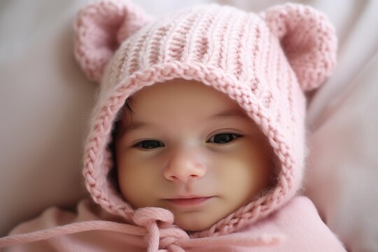  newborn baby with a pink knitted hat.