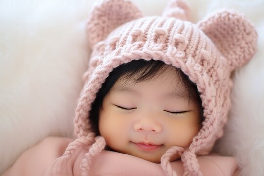  newborn baby with a pink knitted hat.
