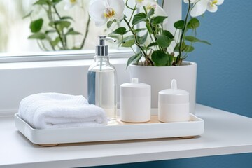 Fototapeta na wymiar Bathroom sink table with hygiene accessories