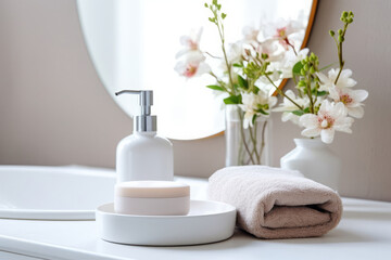 Obraz na płótnie Canvas Bathroom sink table with hygiene accessories