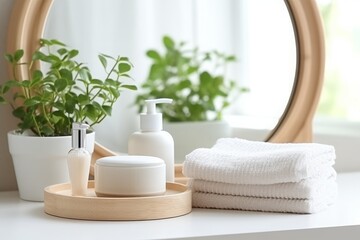 Obraz na płótnie Canvas Bathroom sink table with hygiene accessories