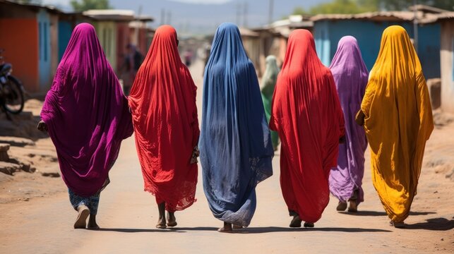 Women wearing colorful veils in a small village on the road from Asmara to Keren. Their houses are also painted in bright and shining colors.

