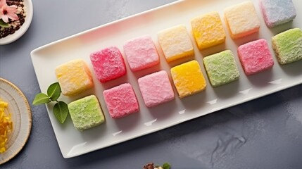 The colorful mochi Japanese rice dessert, top view flat lay arrangement