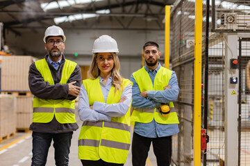 Fototapeta na wymiar Portrait of team of warehouse employees standing in warehouse. Team of workers and female manger in modern industrial factory, heavy industry, manufactrury. Concept of team management.