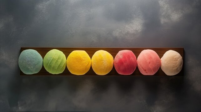 The colorful mochi Japanese rice dessert, top view flat lay arrangement copy space