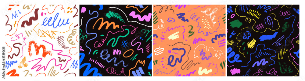 Poster Doodle scribble patterns set. Abstract seamless backgrounds, endless repeating texture. Repeatable print designs with hand-drawn lines, shapes. Colored vector illustration for textile, wrapping