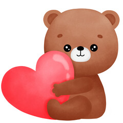 Obraz premium A brown bear sits and hugs a red heart.