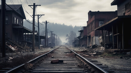Fototapeta na wymiar Abandoned street with a railway in a village on a cloudy day