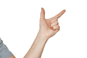 male hand pointing to the right with the index finger on white background
