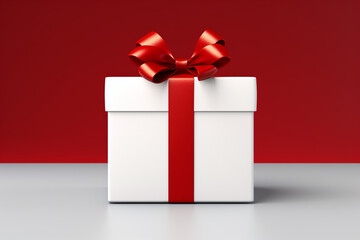 Gift box with red bow on red background. 3D rendering. Happy women, Mother, 8 March, Valentine's day Generative ai