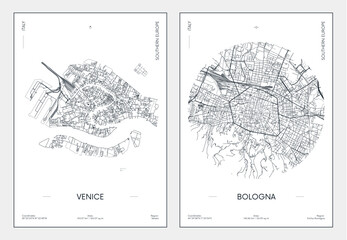 Travel poster, urban street plan city map Venice and Bologna, vector illustration - obrazy, fototapety, plakaty
