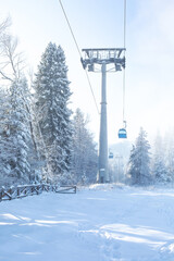 Obraz premium Ski resort Bansko, Bulgaria, cable car gondola