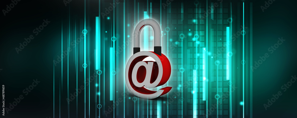 Poster 3d rendering e-mail symbol with lock. internet security concept