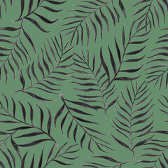 Seamless exotic pattern with palm leaves Hand drawn in black and white with pencil tropical wallpaper with palm leaves. Botanical graphic design for printing. Tropical leaves on green background