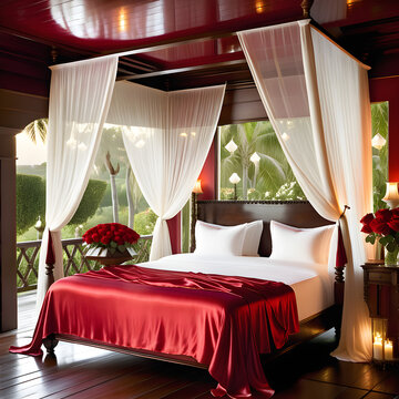 Romantic honeymoon bedroom king sized bed with crimson silk sheets delicately tousled canopy.