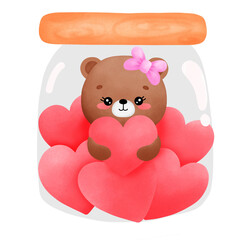 A brown female bear with a pink ribbon on her head is holding a red heart in a jar with many hearts.