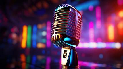 Fototapeta na wymiar Vintage Microphone on Colorful Lighted Stage