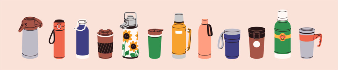 Thermo mugs, thermoses set. Tumblers, thermal cups for hot drinks. Vacuum insulated thermic bottles, travel flasks with lids. Termo containers for warm beverages. Isolated flat vector illustration