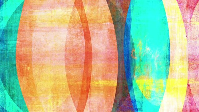 Retro mid-century abstract screenprint-style background loop. Moving shapes with grunge effects. Layered textures.
