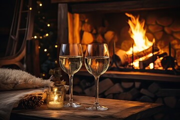 Glasses of champagne stand on the table against the backdrop of a burning fireplace. A festive Christmas evening in a cozy home environment. Romantic New Year's Eve. - obrazy, fototapety, plakaty