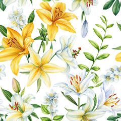 Seamless pattern lilies white and yellow flower and leaves, floral background, Lily floral watercolor illustration