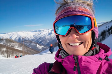 Fototapeta na wymiar Selfie photo of an elderly woman in ski goggles, a hat and equipment against the backdrop of a sunny snowy mountain landscape.