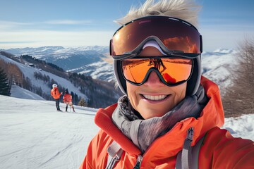 Selfie photo of an elderly woman in ski goggles, a hat and equipment against the backdrop of a sunny snowy mountain landscape.