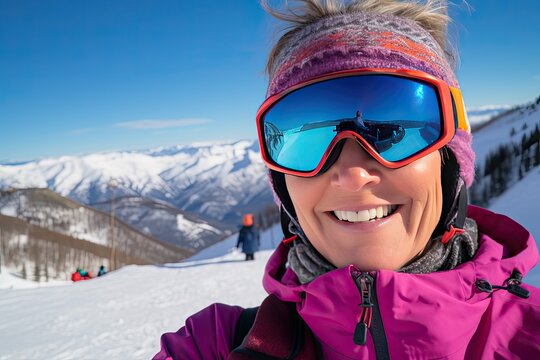 Selfie photo of an elderly woman in ski goggles, a hat and equipment against the backdrop of a sunny snowy mountain landscape.
