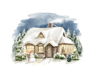 Winter Christmas landscape with country house, snow and trees isolated on white background. Watercolor hand drawn illustration