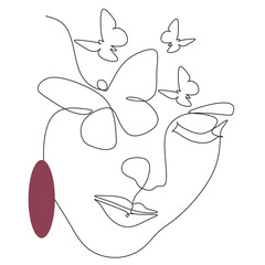 Abstract face with flowers and  butterfly by one line drawing. Vector art.