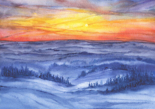 Abstract misty blue mountain landscape - the mountains, silhouettes of the hills at sunset. Panoramic view on the winter forest, covered in fog. Watercolor hand drawn painting illustration.