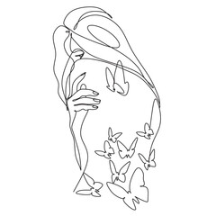 Woman body with butterfly. Abstract body with butterfly by one line drawing.