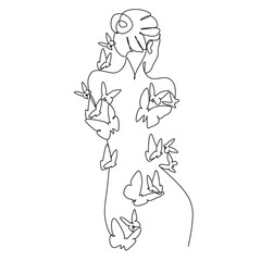 Woman body with butterfly. Abstract body with butterfly by one line drawing.