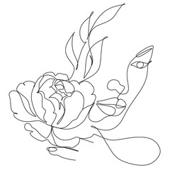 Abstract face with flowers  by one line drawing. Vector art.