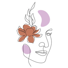 Abstract face with flowers  by one line drawing. Vector art.