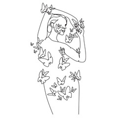 Woman body with butterfly. Abstract body with butterfly by one line drawing.
