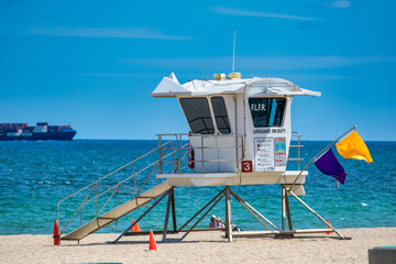 Fort Lauderdale, FL - February 29, 2016: Sentinel safety tower along the beach