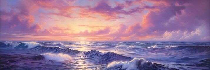 idyllic golden hour sunset with colorful purple clouds far into the distant horizon and majestic open ocean waves - calming and tranquil scenic seascape - overwhelming sense of freedom and peace. - obrazy, fototapety, plakaty