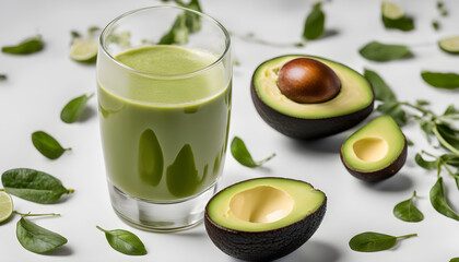 A glass of healthy avocado juice on a white background. An avocado for decoration