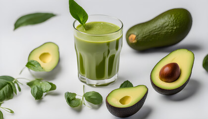 A glass of healthy avocado juice on a white background. An avocado for decoration
