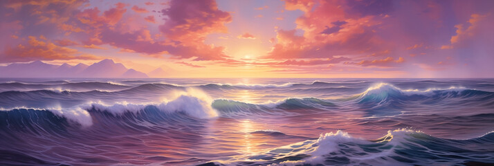 idyllic golden hour sunset with colorful purple clouds far into the distant horizon and majestic open ocean waves - calming and tranquil scenic seascape - overwhelming sense of freedom and peace.