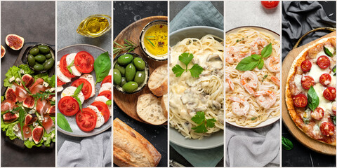 Italian traditional dishes collage, top view.