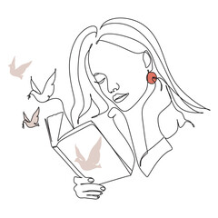 Woman reading  book one-line line drawing. Vector.