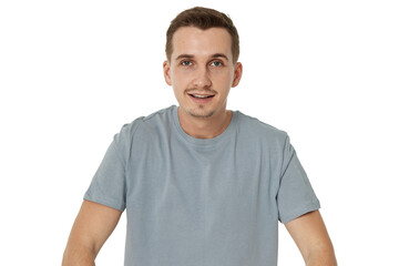 surprised guy looking at camera on white studio background