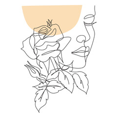 Abstract face with flowers  by one line drawing. Vector art.