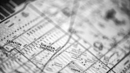 Map of Manhattan, New York City, USA. Shallow focus on Theater District
