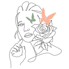 Abstract face with flowers and  butterfly by one line drawing. Vector art.