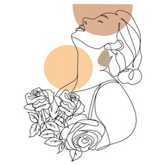 Abstract face with flowers  by one line drawing. Vector art.