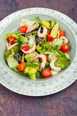 Healthy homemade broccoli salad with shrimp.